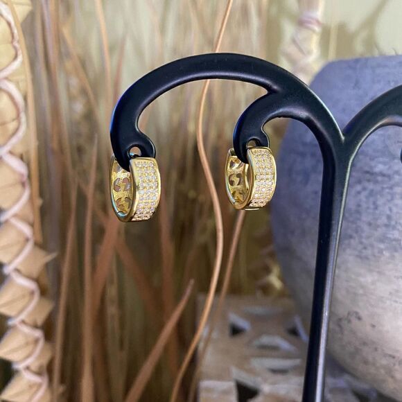 Micro Pave 14K CZ Sterling Silver Gold Hoop Earrings - Picture 7 of 7